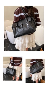 Détail du sac fourre-tout noir vintage en cuir PU avec boucles argentées et grande capacité