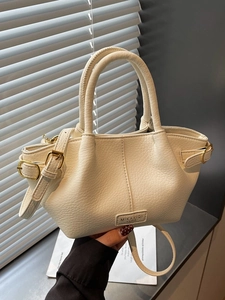 Women Lychee Grain PU Leather Handbag Casual Bucket Shoulder Crossbody Bag With Round Handle Solid Color Elegant Daily Tote Bag