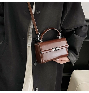 Detail of dark brown glossy leather handbag with silver metallic twist lock and handle