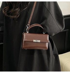 Detail of dark brown leather handbag with silver twist lock and curved top handle