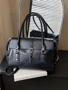 Sac fourre-tout rétro noir pour femme en similicuir à grande capacité avec boucle