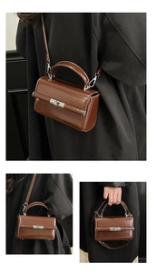 Detail shots of the brown leather handbag showing the silver twist lock and styling options