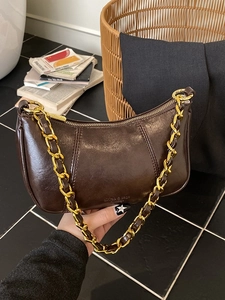 Retro dark brown oily leather crescent shoulder bag with golden chain strap for women