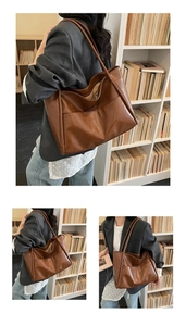 Dettaglio di una borsa tote in pelle marrone con tasca laterale e scaffale libri