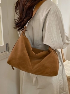 Minimalist large capacity brown suede shoulder bag with adjustable strap in casual style