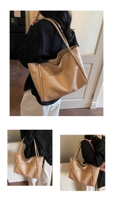 Viste dettagliate della borsa tote minimalista in ecopelle marrone con tasca frontale