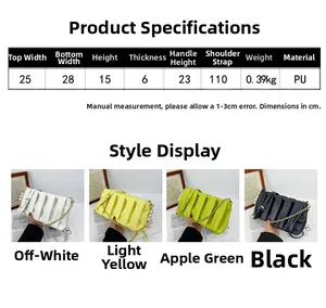 Detailed size chart for the pleated square bag showing PU material and various dimensions