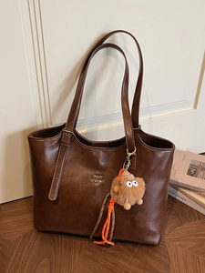 Vintage Large Capacity PU Leather Tote Bag For Women Urban Minimalist Shoulder Bag With Cute Plush Monster Pendant Daily Use
