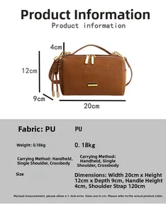 Detailed view of brown PU leather crossbody bag featuring gold zippers and size dimensions