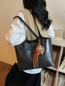 Vintage large capacity dark grey tote bag with shoulder straps and plush pendant charm