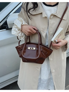 Detail einer glänzenden braunen Lederhandtasche mit Goldverschluss vor einem Autohintergrund