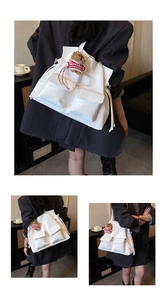 Three lifestyle views of a large white canvas bucket bag with functional front pockets