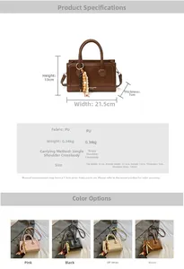 Detail view of compact PU leather square handbag with wooden bead tassel and strap specs