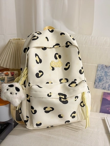 Sac à dos crème minimaliste avec imprimé léopard et pendentif ours pour écolières