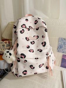 Sac à dos rose imprimé léopard avec pendentif panda pour les filles et étudiantes