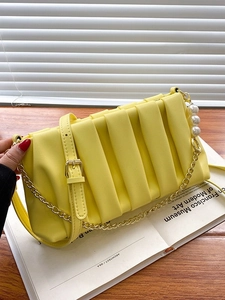 Women Ruched Pleated PU Leather Shoulder Bag Fashion Minimalist Crossbody Bag With Chain Artificial Pearl Decoration Handbag