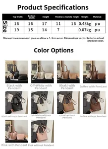 Size guide for PU leather bucket bag showing large and small dimensions in five colors
