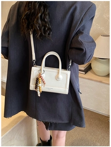 French vintage matte square crossbody bag in off-white leather with colorful wood bead decor