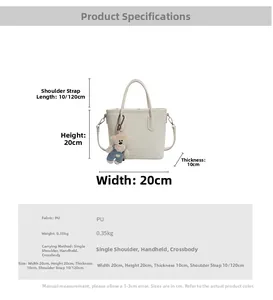 Size chart showing 20x20x10cm dimensions and PU fabric details for the bucket bag