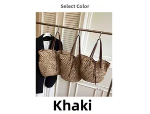 Detailed close-up of khaki crochet knit tote bag featuring intricate hollow patterns