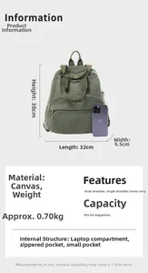 Detailed dimensions of army green canvas backpack showing height 38cm and width 32cm