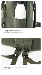 Detail view of military green backpack showing side water bottle pocket and adjustable straps