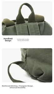 Detail of army green canvas backpack featuring reinforced top handle and triangular stitching