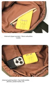 Detail showing the internal storage system with zipper pocket and mobile phone slots