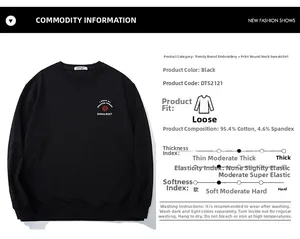 Detail view of black crewneck sweatshirt showing 95.4% cotton fabric and size chart specs