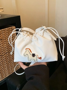 Chic Korean Style Pleated Cloud Crossbody Bag For Women PU Leather Horse Embroidery Drawstring Small Shoulder Bucket Bag