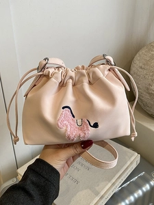 Pink drawstring bucket bag with horse embroidery and adjustable strap for women
