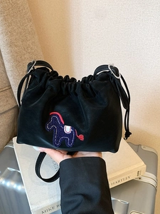 Minimalist black cloud bag with colorful horse embroidery and drawstring closure