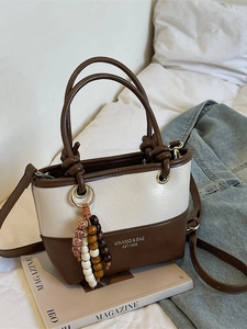 Women Fashion Stitching Handbag 2026 New Contrast Color PU Leather Crossbody Bag Exquisite Mini Shoulder Bag Beaded Charm