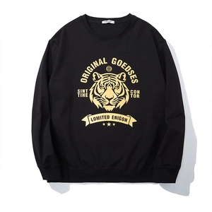 Sweat-shirt Homme Grande Taille Col Rond Impression Tête de Tigre Or Streetwear Pull à Manches Longues Mélange de Coton Noir