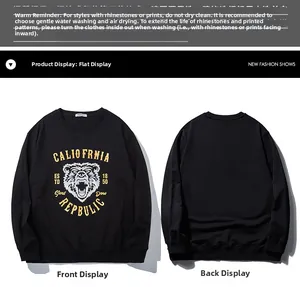 Front and back view of men's black sweatshirt featuring rhinestone rhino and gold letters