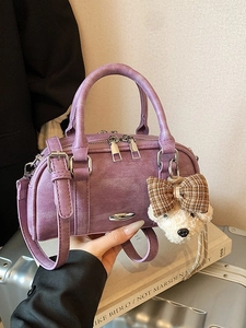 Women's Minimalist PU Leather Boston Bag Solid Color Simple Urban Shoulder Crossbody Bag With Removable Strap And Plush Charm