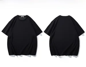 Front and back detail of a thick black crewneck T-shirt with drop shoulder seams