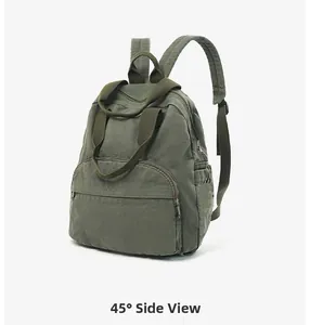 Side view of olive green canvas backpack showing spacious compartments and top handles