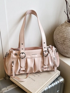 Women PU Leather Pleated Underarm Bag Urban Simplicity Multi-pocket Shoulder Bag Silver Hardware Locomotive Style Handbag