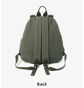 Detail of the back view showing wide canvas shoulder straps and adjustable black buckles