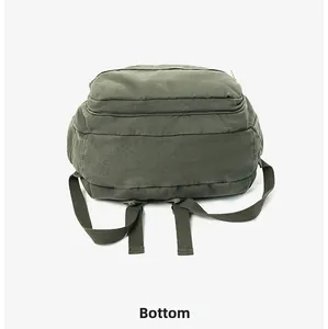 Detailed bottom view of the army green canvas backpack showing reinforced stitching