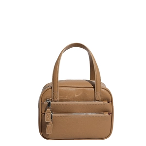 Classic tan lychee grain leather square handbag with dual top handles and front zip pockets