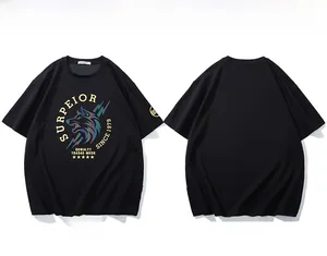 Detailed front and back view of men's black cotton T-shirt with colorful wolf print