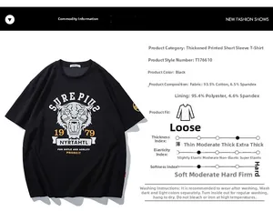 Detailed size chart and material specs for black cotton t-shirt with tiger print