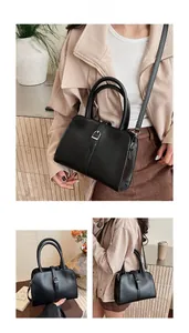 Three-angle lifestyle view of a vintage black matte handbag with top handle and silver buckle
