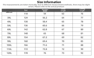 Detailed size chart for men's hoodies from 2XL to 12XL with chest and length measurements