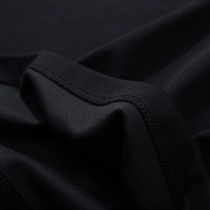 Men's autumn thick black t-shirt showing close-up of premium double-stitched sewing detail