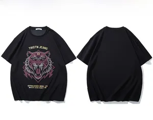 Flat lay view of men's oversized black cotton T-shirt with tiger print on front and back