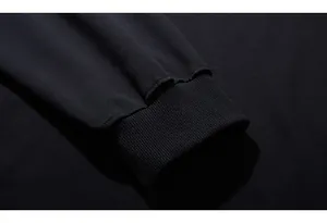 Close-up of the ribbed cuff on a black men's sweatshirt showing high-quality stitching