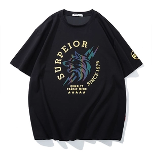 Men Plus Size Cotton T-Shirt Holographic Wolf Head Print Drop Shoulder Loose Sporty Casual Black Short Sleeve Top